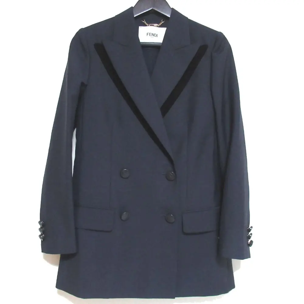 FENDI フェンディ 2021年モデル モヘヤ×ウール ピークドラペル ダブル テーラードジャケット 36サイズ ネイビー