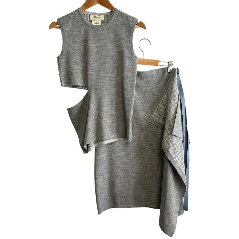 FENDI フェンディ 裏地ズッカ ダブルフェイス カットワーク ニットカットソー×ニットスカート セットアップ 36 グレー