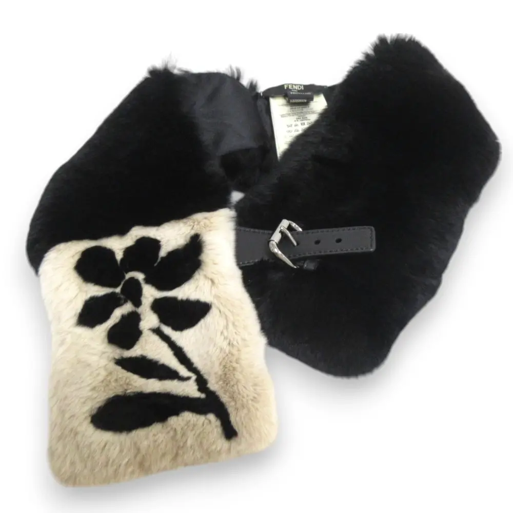 FENDI フェンディ オリラグファー レザーベルト ティペット マフラー ONE SIZE ブラック×ベージュ