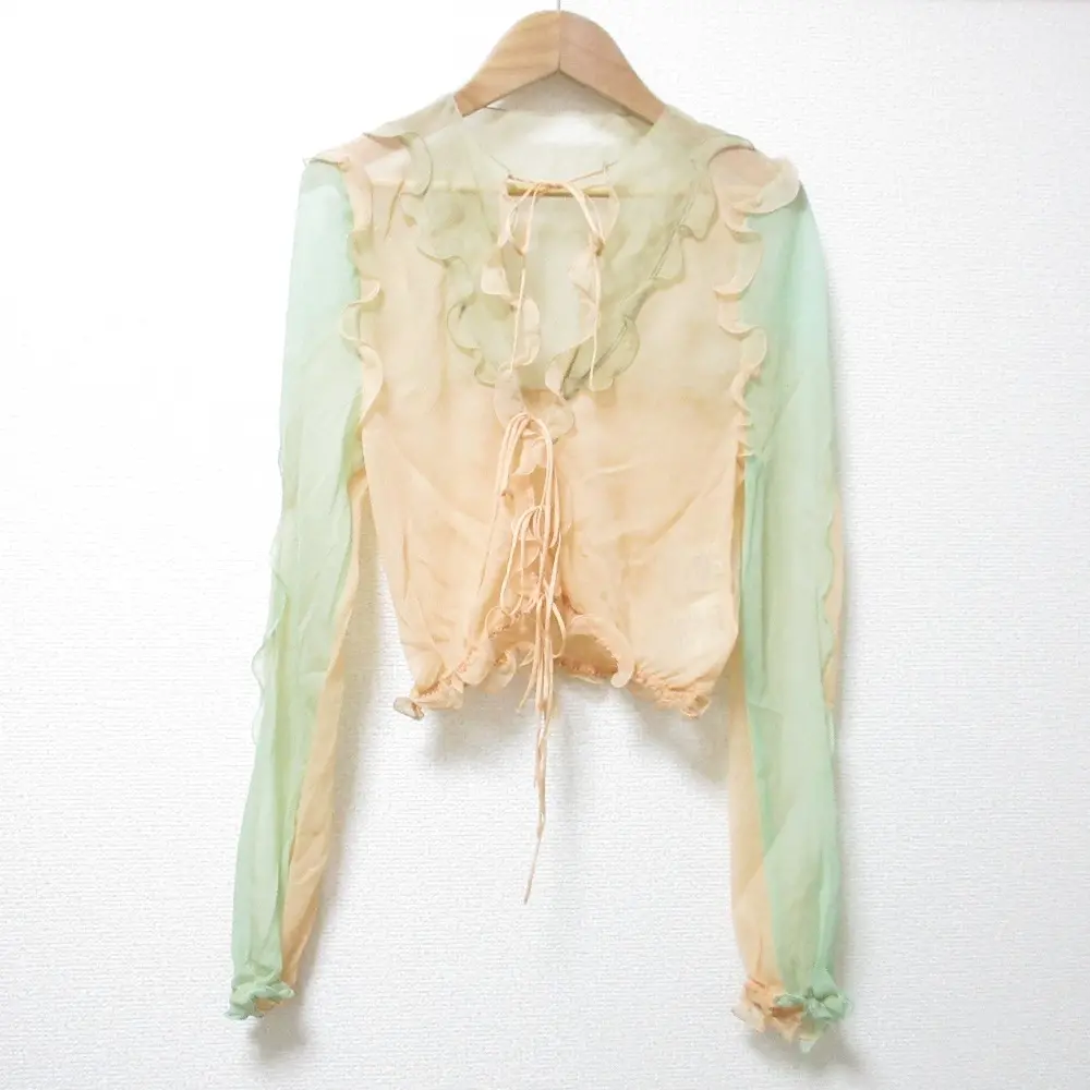 FENDI フェンディ 2022年製 シルク100％ フリル ロングスリーブ クロップド丈 シアーブラウス 36 ベージュ×グリーン