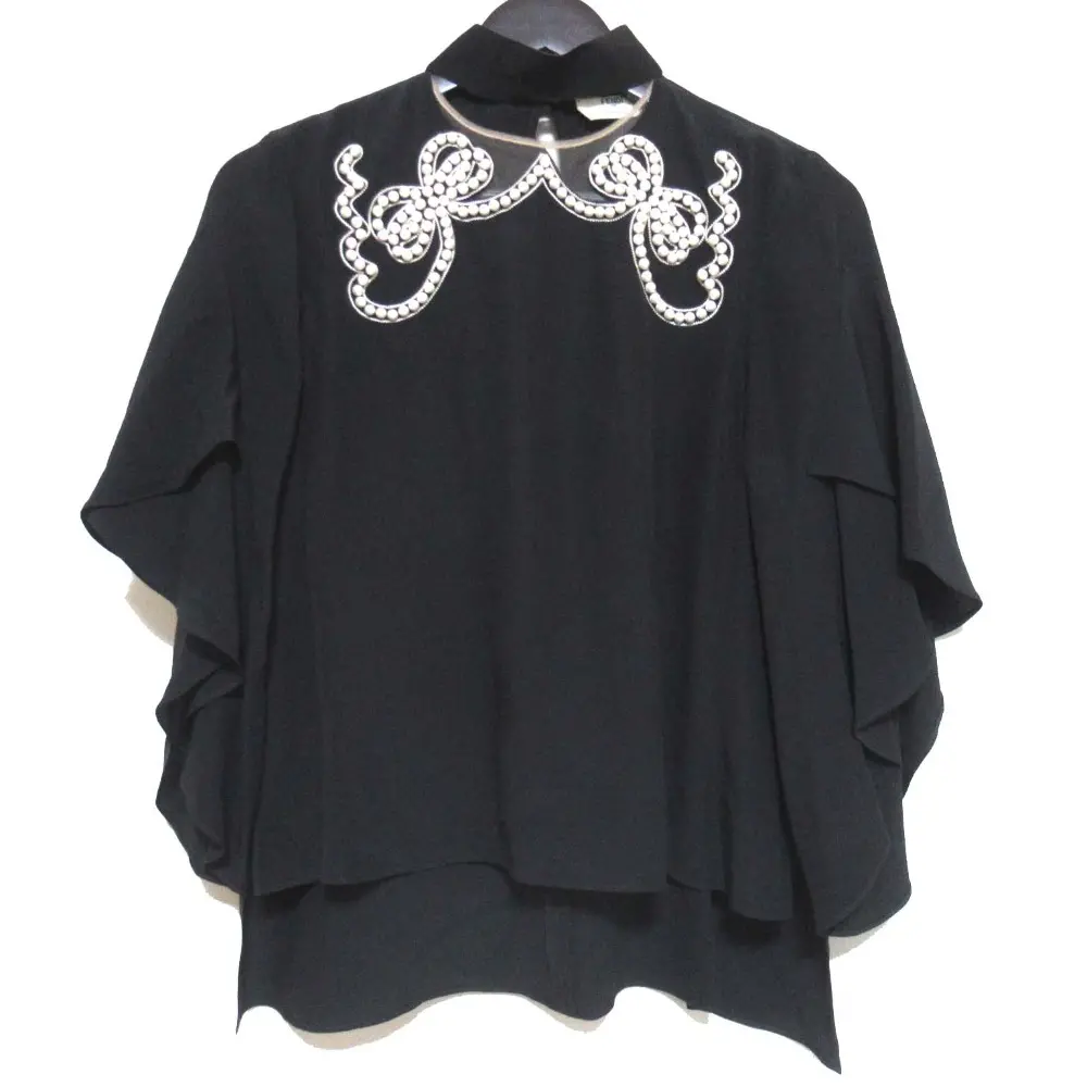 FENDI フェンディ フェイクパール装飾 バックリボン フレアスリーブ シルク プルオーバー ブラウス 40サイズ ブラック