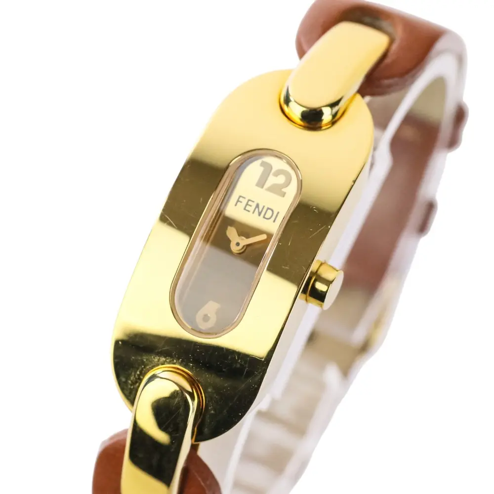 FENDI フェンディ レザーベルト SS クォーツ 腕時計 ウォッチ 3400L ゴールドカラー ブラウン 稼働品