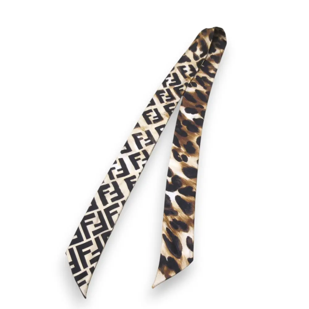 FENDI フェンディ シルク100％ レオパード×ズッカプリント ラッピー リボンスカーフ ブラウン×ベージュ