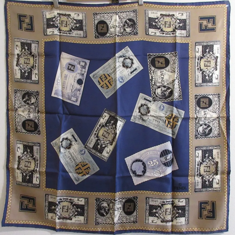 FENDI フェンディ 紙幣柄 総柄 シルク100％ スクエア 大判 スカーフ ストール ブラウン×ブルー