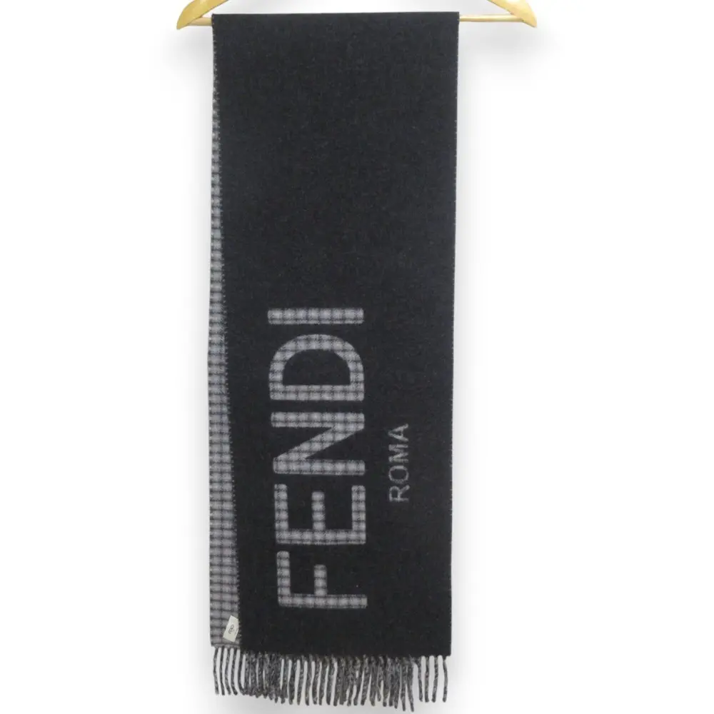 FENDI フェンディ ロゴ チェック柄 フリンジ マフラー グレー