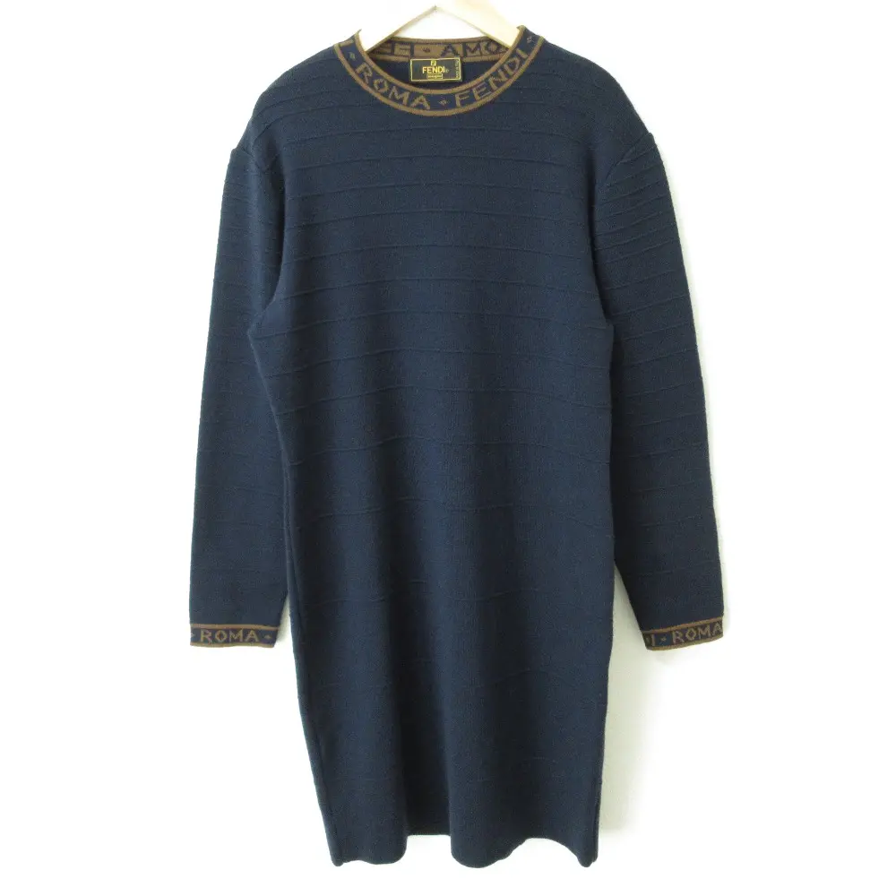 FENDI フェンディ ヴィンテージ ウール ロゴトリム 長袖 ひざ丈 ニットワンピース 44 ネイビー