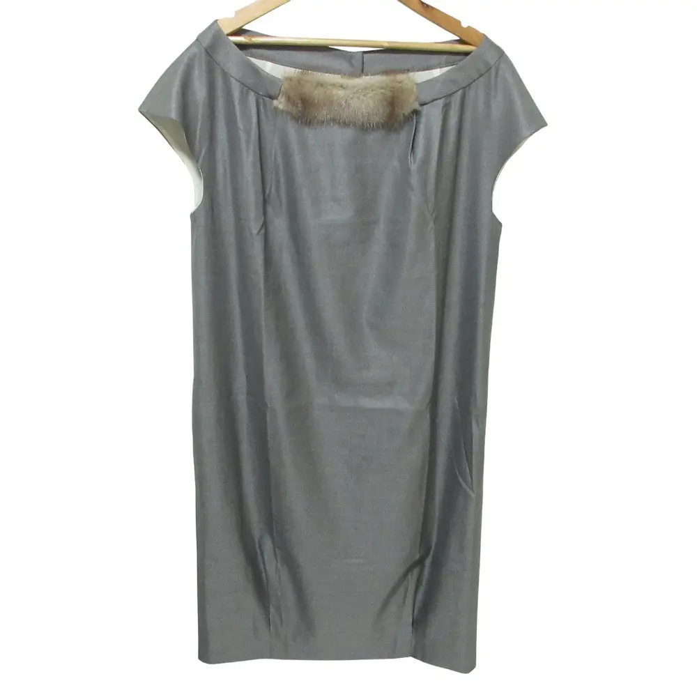 クリーニング済 FENDI フェンディ ミンク付き シルクブレンド フレンチスリーブ 膝丈 ワンピース 40 グレー