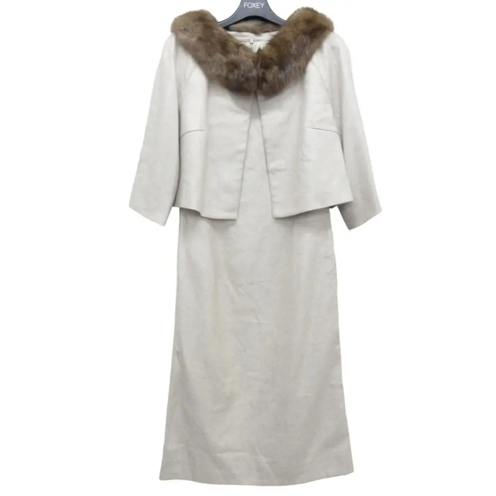 FOXEY フォクシー シルク×カシミヤ ロシアンセーブルファー ジャケット×ワンピース セットアップ 38 17083 ベージュ