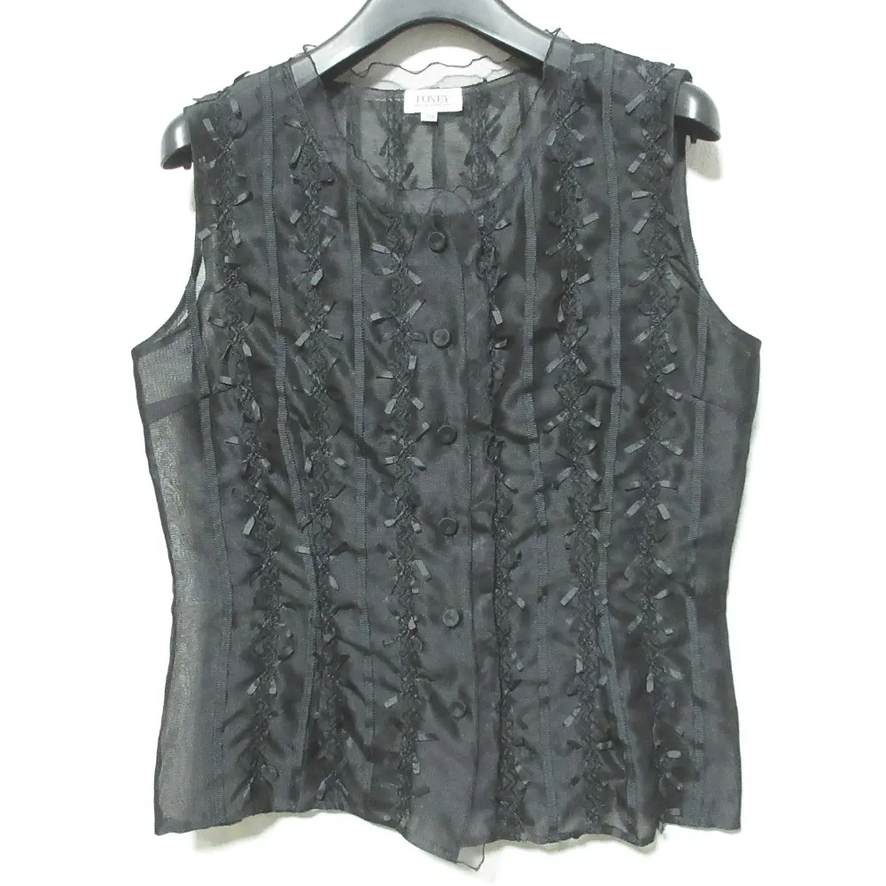 FOXEY BOUTIQUE フォクシーブティック シルク100％ リボン ノースリーブ シアーブラウス シャツ 38 ブラック