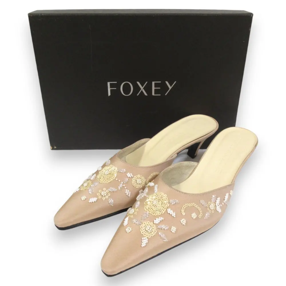 FOXEY BOUTIQUE フォクシーブティック スパンコールフラワーデザイン ポインテッドトゥ ミュール 36 約23cm ピンクベージュ