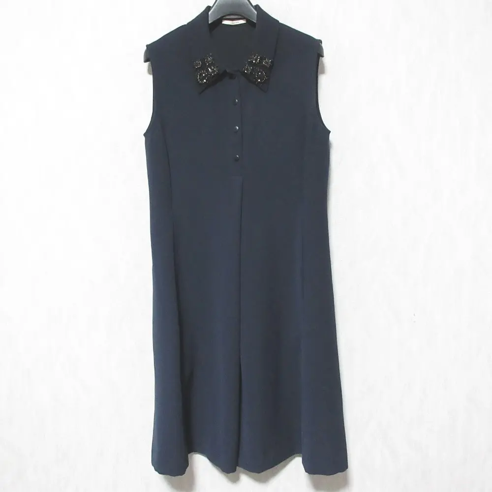 FOXEY NEW YORK フォクシーニューヨーク コレクション EMBROIDERED CREPE SHIRT DRESS シャツワンピース 34119 38 ネイビー