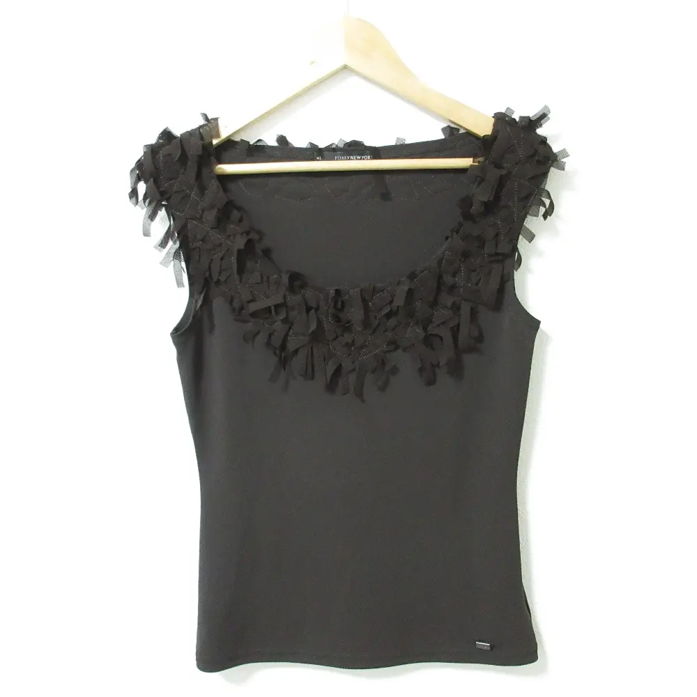 FOXEY NEW YORK フォクシー ニューヨーク ストレッチ リボン フリンジ ワイドネック ノースリーブ カットソー 25963 38 ブラウン