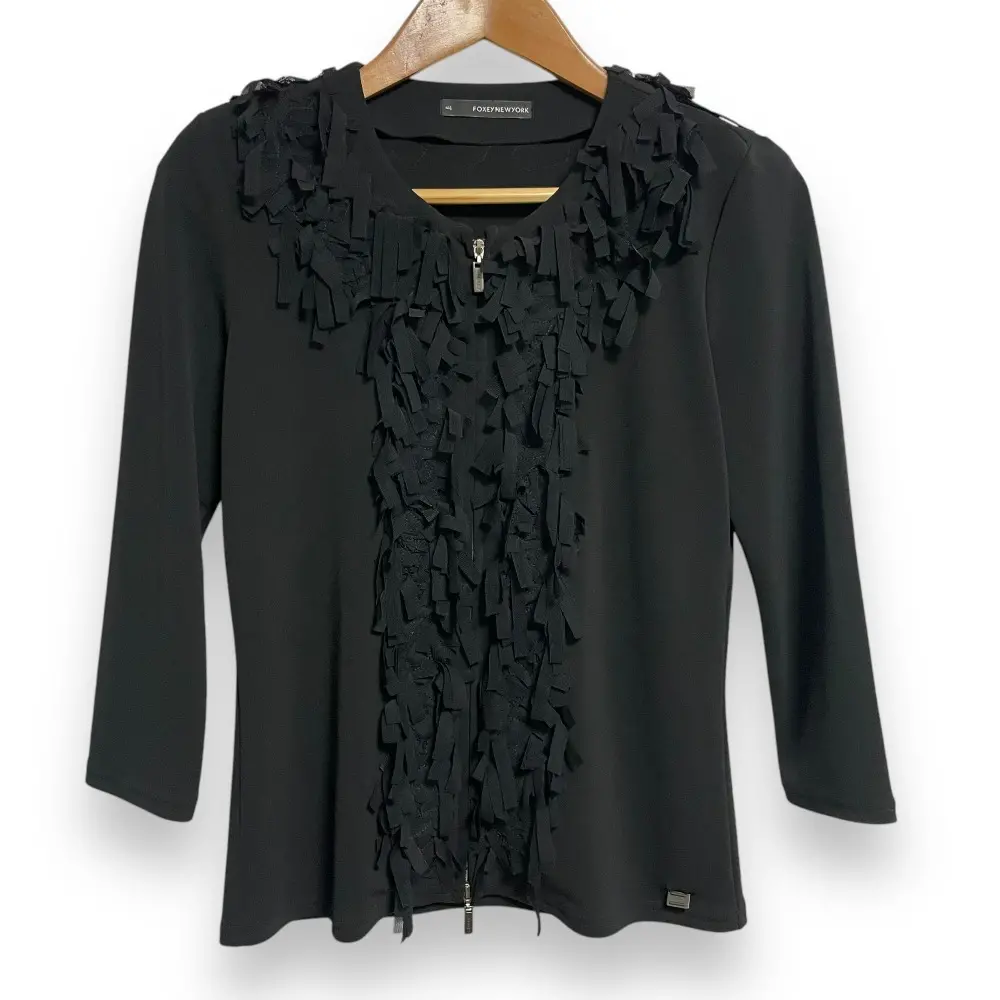 FOXEY NEW YORK フォクシーニューヨーク ストレッチ 七分袖 ジップアップ テープフリンジ カーディガン ジャケット 40 ブラック