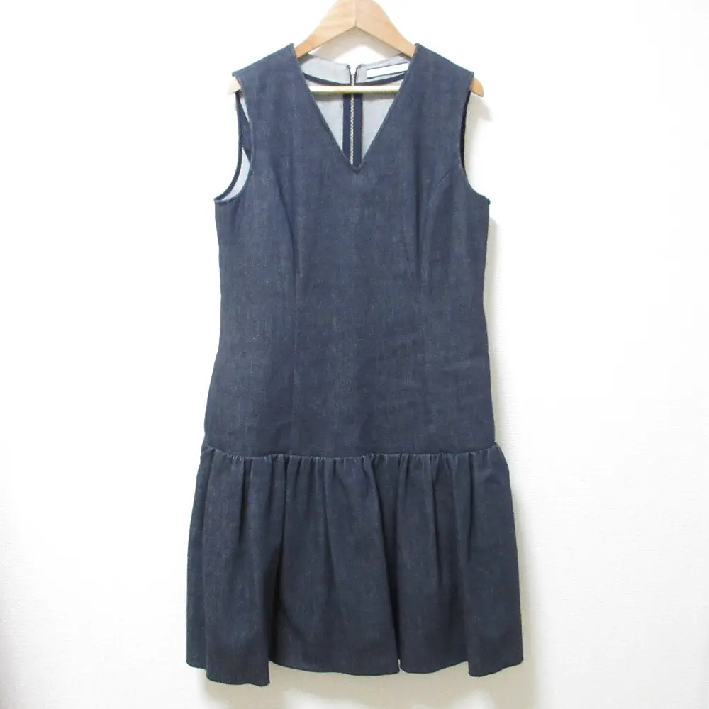 FOXEY NEW YORK フォクシーニューヨーク ノースリーブ ひざ下丈 切替ギャザー デニムワンピース  39368 40サイズ インディゴ