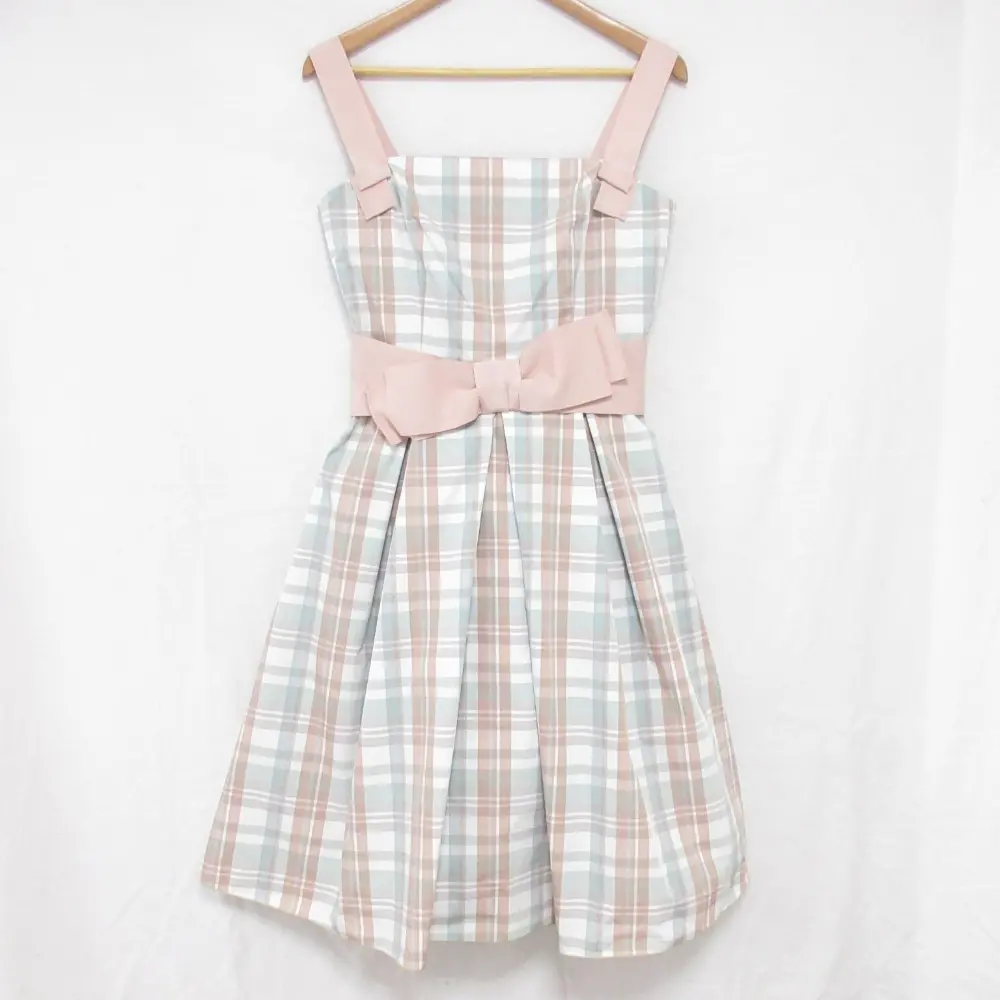 FOXEY NEW YORK フォクシーニューヨーク フレンチドレス チェック柄 リボン ノースリーブ ワンピース 30024 サイズ40 ピンク系