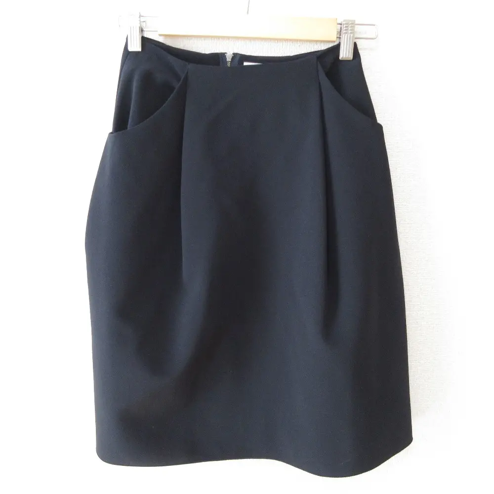 FOXEY NEW YORK フォクシーニューヨーク イリプスフレアー ストレッチ ひざ丈 タックスカート 36424 38 ネイビー