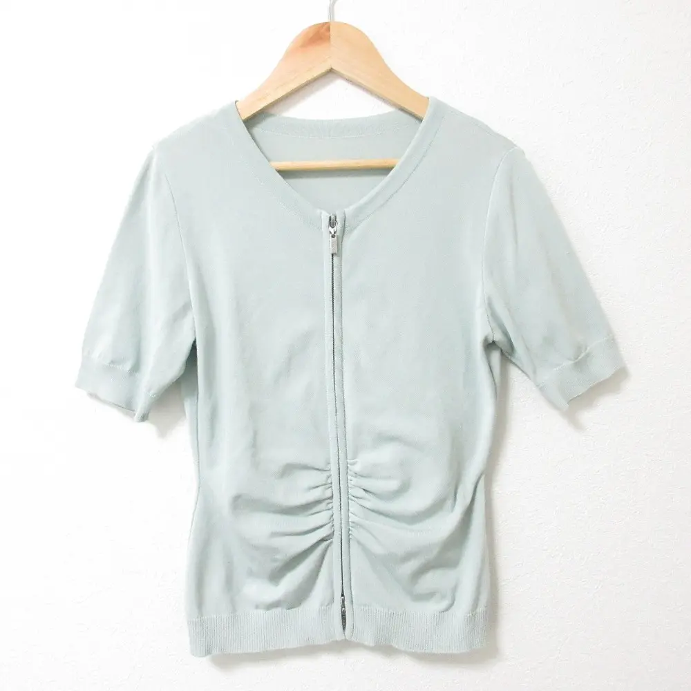 FOXEY フォクシー Vネック 半袖 ハイゲージニット Wジップカーディガン 34376 38 ライトミント