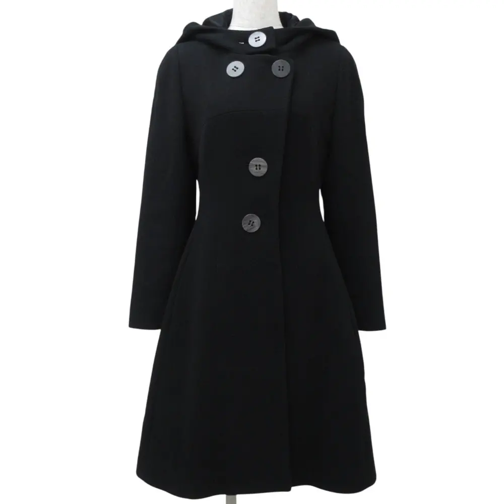 FOXEY BOUTIQUE フォクシー フーディー ダブルブレスト ウール カシミヤブレンド フレアコート 24322 サイズ42 ブラック