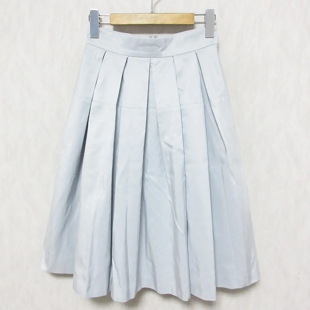 FOXEY フォクシー Silk Skirt シルク100％ ひざ丈 ミディ丈 プリーツスカート 38129 38 ブルーグレー系