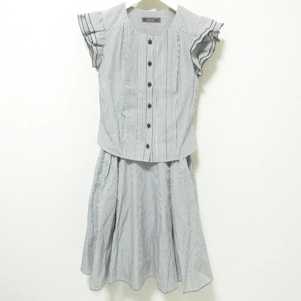 クリーニング済 FOXEY フォクシー サマードレス×ブラウス ノースリーブワンピース セットアップ 38 グレー×ホワイト