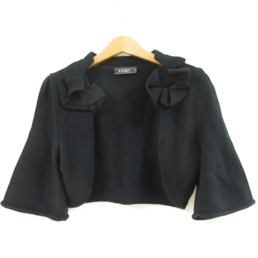 FOXEY フォクシー コットン100％ リボン フレアスリーブ 五分袖 ニットボレロ ショート丈 カーディガン 40 ブラック