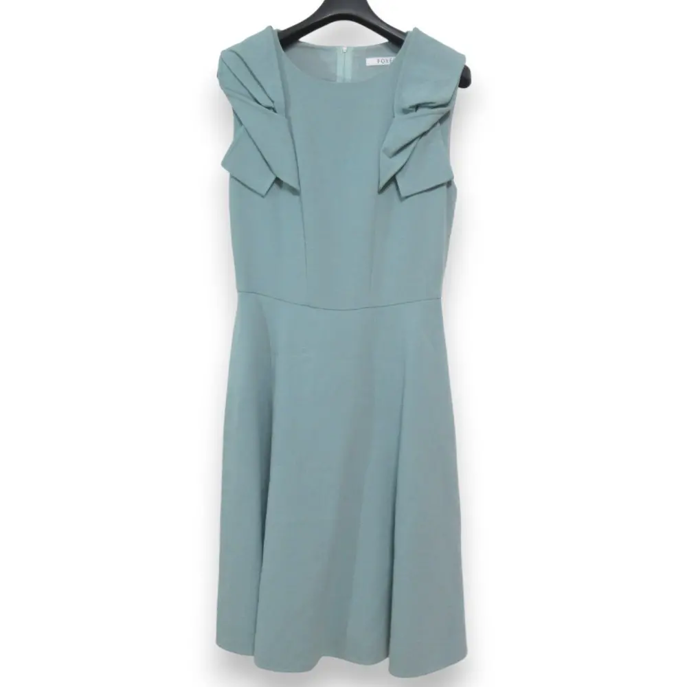 FOXEY フォクシー ウール ストレッチ ダブルツイストボウドレス ノースリーブ ミモレ丈 ワンピース 36448 サイズ38 ミントグリーン