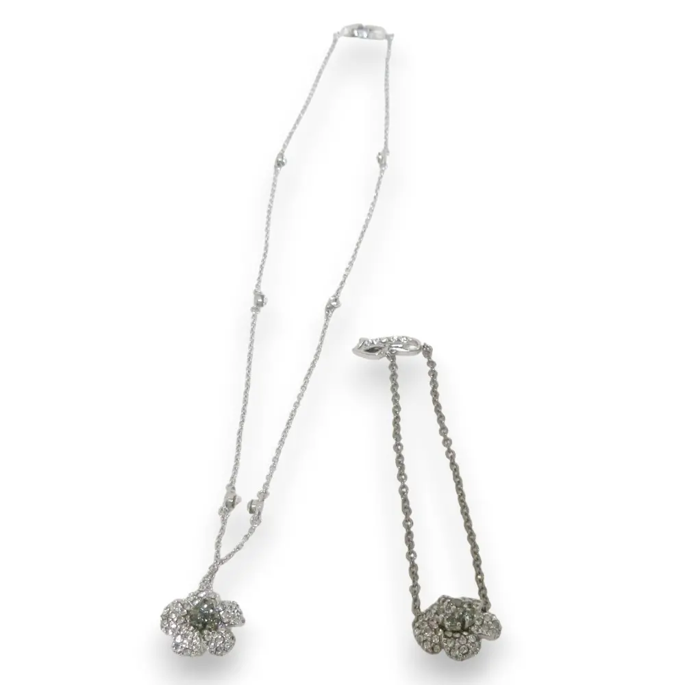 FOXY フォクシー カメリアモチーフ クリアストーン ビジュー チェーンブレスレット+ネックレス セット シルバー