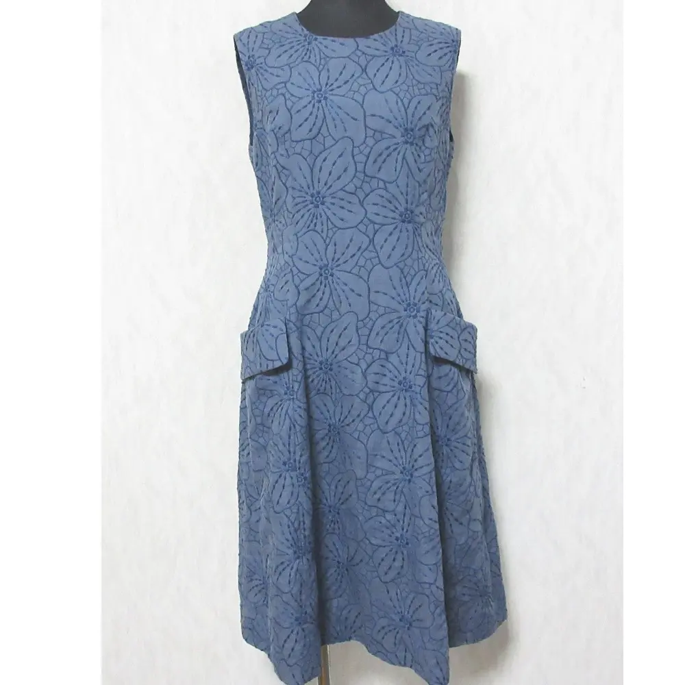 FOXEY フォクシー Dress Linen Flower リネン100％ フラワー刺繍 ひざ丈 ノースリーブ ワンピース ドレス 39561 38 ネイビー