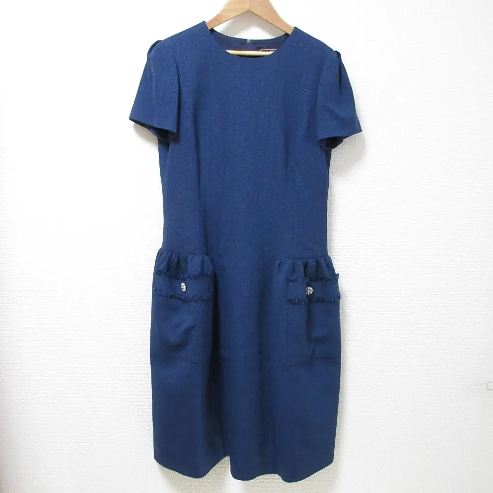 FOXEY フォクシー SOPHIE ソフィー ジュエルボタン ポケット 半袖 ひざ丈 リネンライクウールワンピース 39456 size40 ブルー