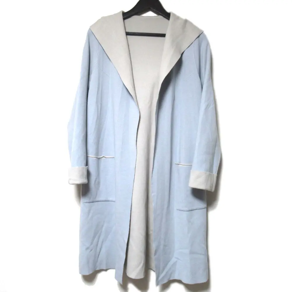 FOXEY フォクシー ダブルフェイス フーディー オープンフロント ニット ガウンコート 40105 ライトブルー×グレーベージュ