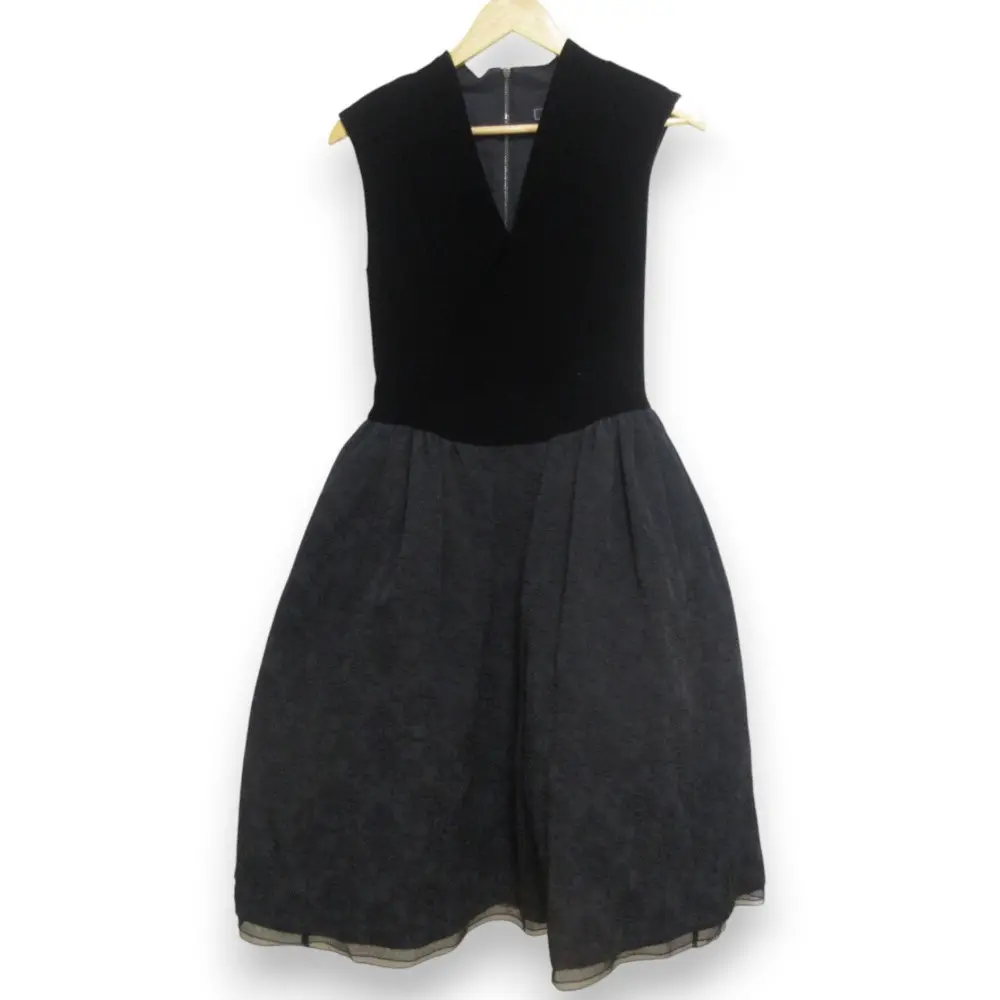 FOXEY フォクシー ベロア エンブロイダリー 異素材ドッキング Vネック ノースリーブ ミモレ丈ドレス ワンピース 40 ブラック