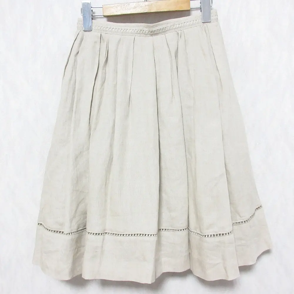 FOXEY フォクシー Linen Flare リネン100％ はしごレース ひざ丈 フレア ギャザースカート 35575 サイズ38 ベージュ