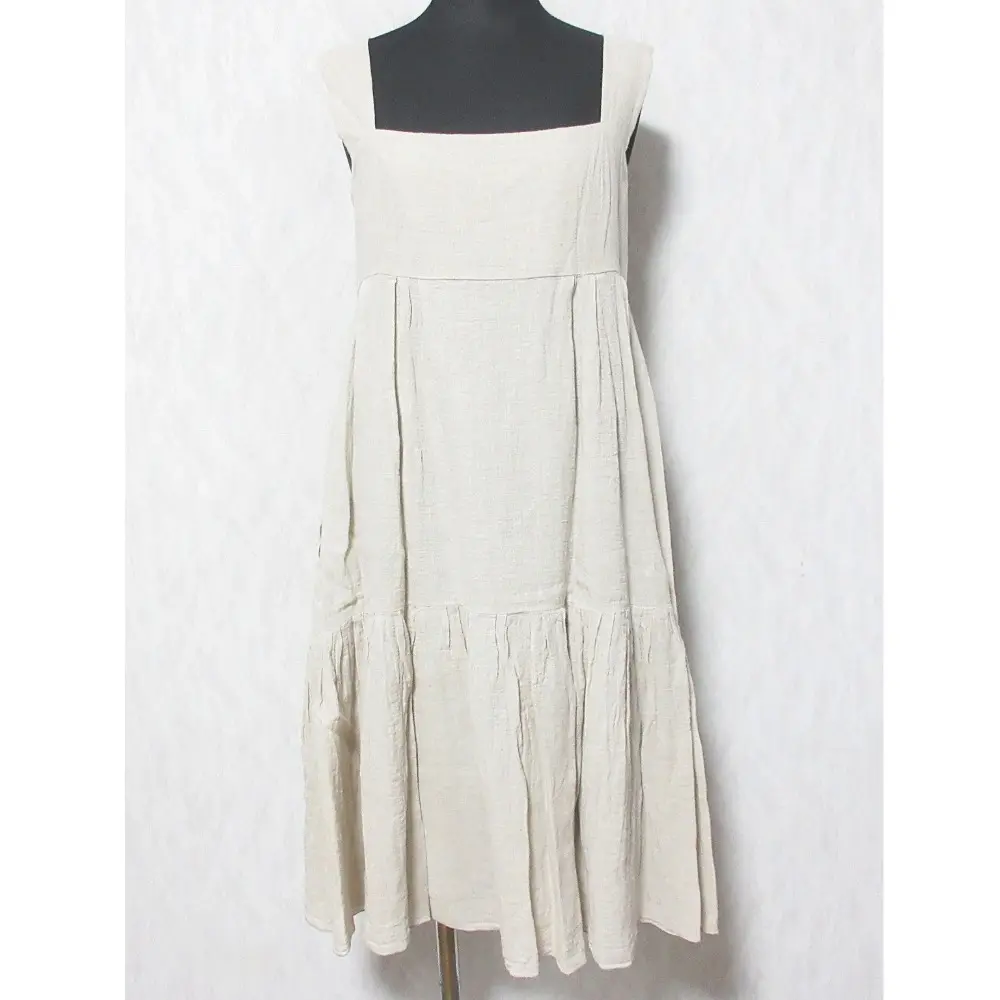 FOXEY フォクシー リネン100％ スクエアネック ひざ丈 ノースリーブ フレア ワンピース 27986 38 ベージュ