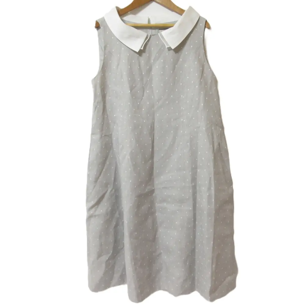 クリーニング済み FOXEY フォクシー Linen Sucre シルクレース襟 ノースリーブ ワンピース 35399 サイズ42 グレー×ホワイト