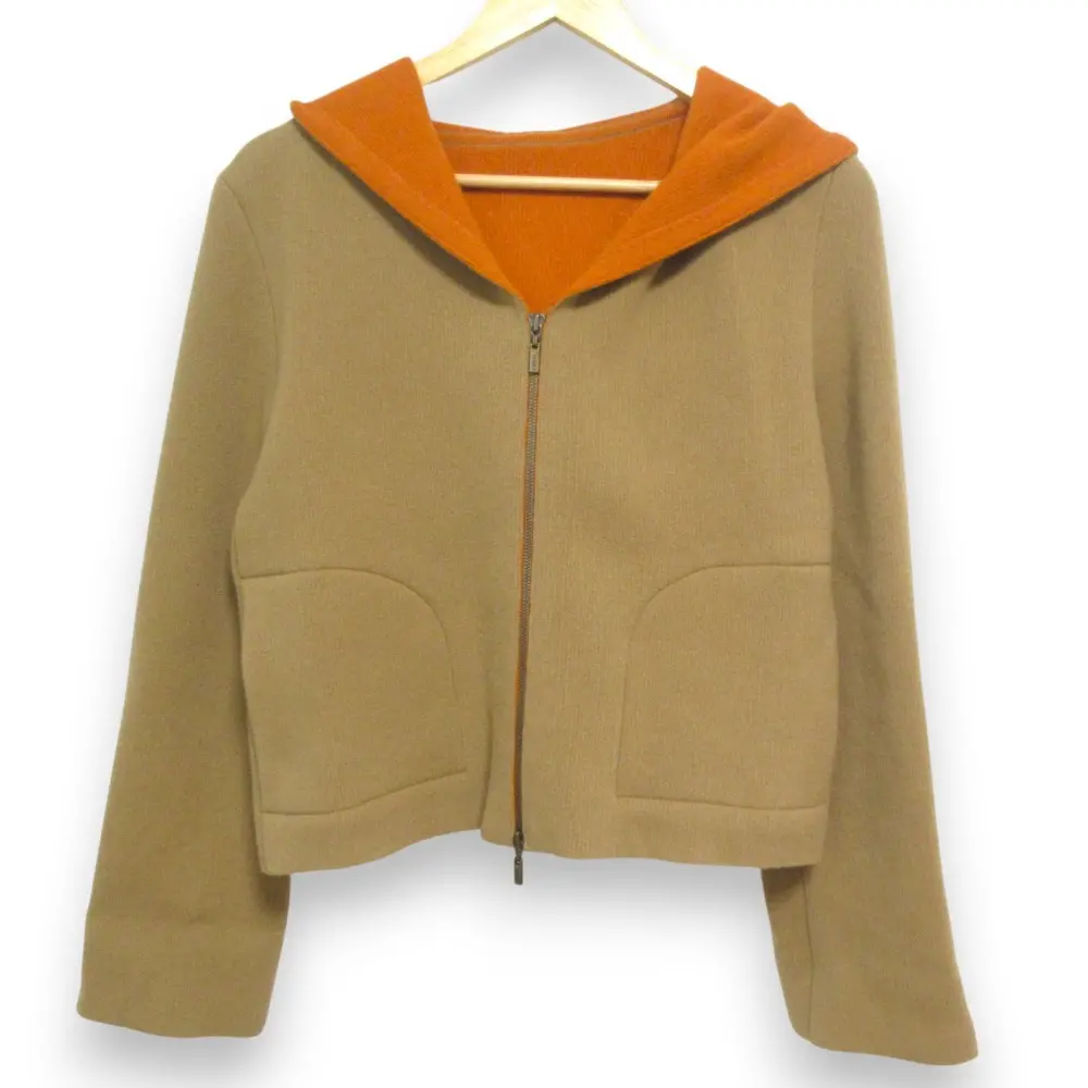 FOXEY フォクシー スクリプト ウール100％ フード付き ニット ジップパーカー ジャケット 40194 サイズ38 キャメル×オレンジ
