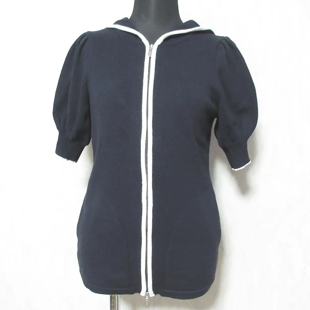 FOXEY フォクシー ソレイユ ニットパーカー パフスリーブ 半袖 フーディー ジャケット 28769 38 ネイビー