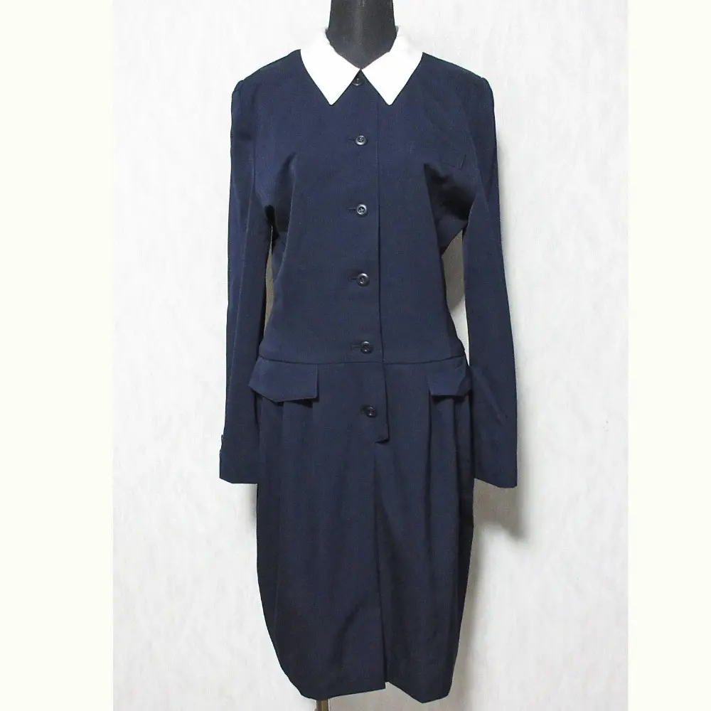 FOXEY フォクシー 長袖 ひざ丈 白襟 シャツワンピース 38 ネイビー