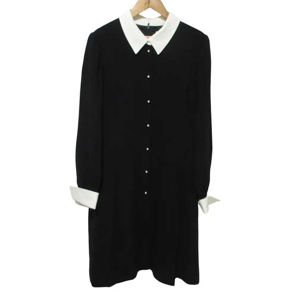 クリーニング済 FOXEY フォクシー シルク100％ 長袖 膝丈 バイカラーシャツワンピース 37912 40 ブラック×ホワイト