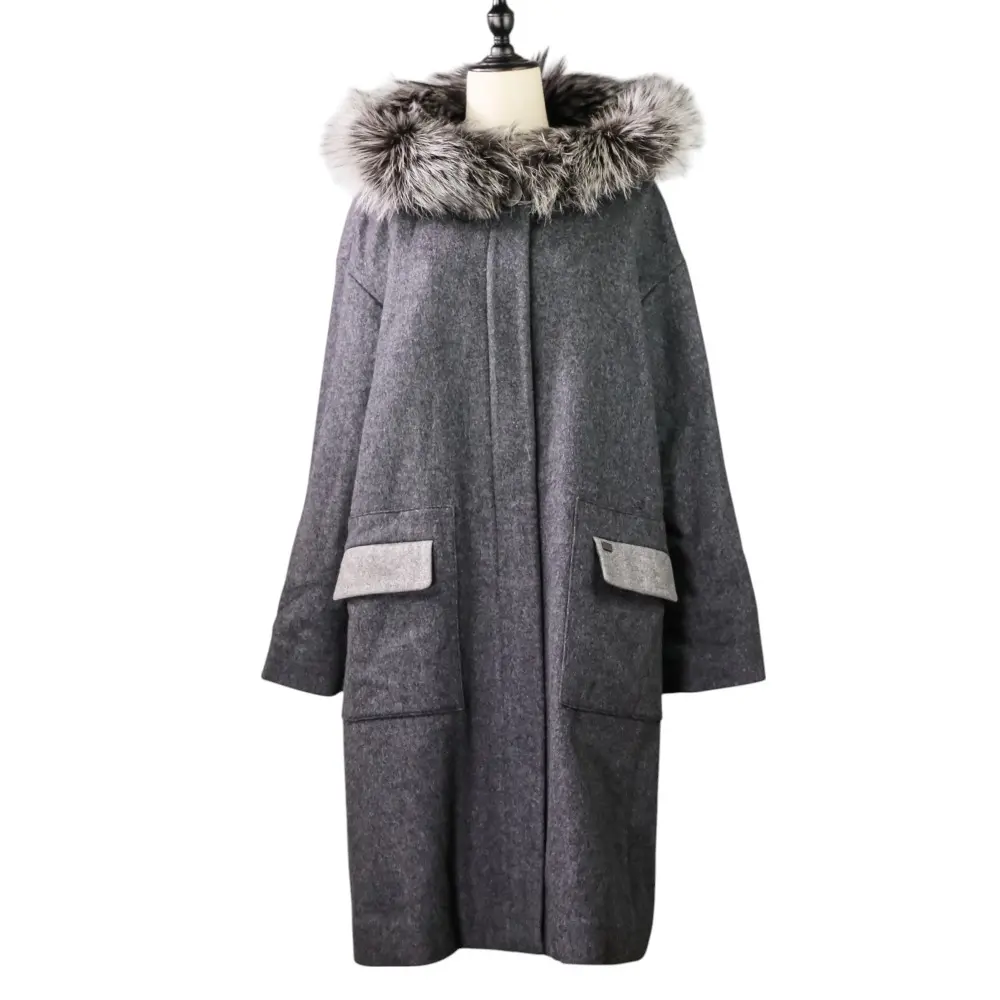 FOXEY フォクシー カシミアブレンド フォックスファー ジップアップ ウール ロング フーデッドコート 41384 40 グレー