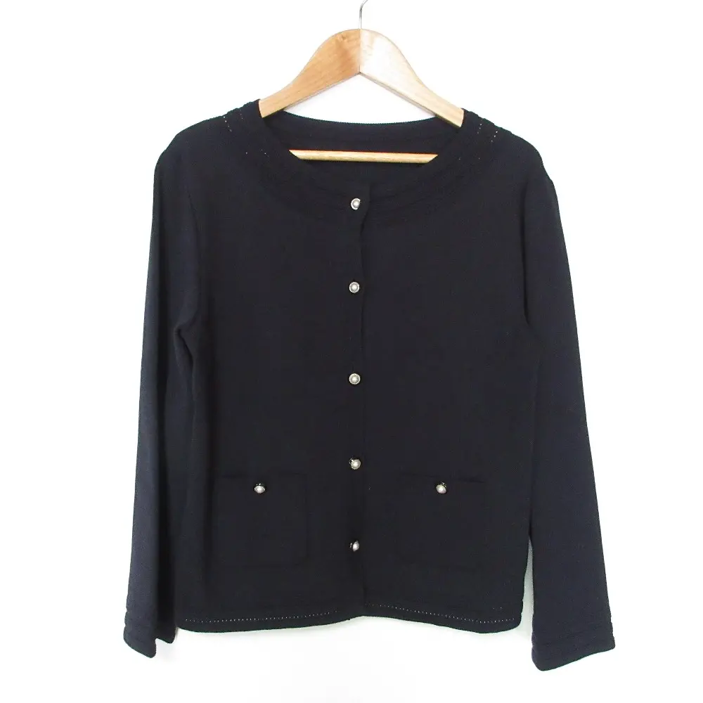 FOXEY フォクシー Horizontal Ridged Knit Jacket パールボタン カーディガン 36842 サイズ40 ネイビー