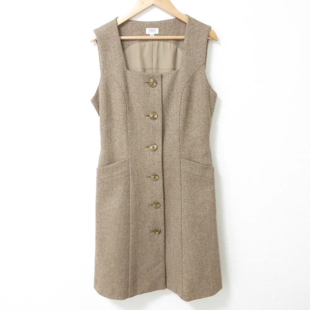 FOXEY フォクシー ヘリンボーン カシミヤブレンド ひざ丈 ノースリーブワンピース サイズ40 キャメル