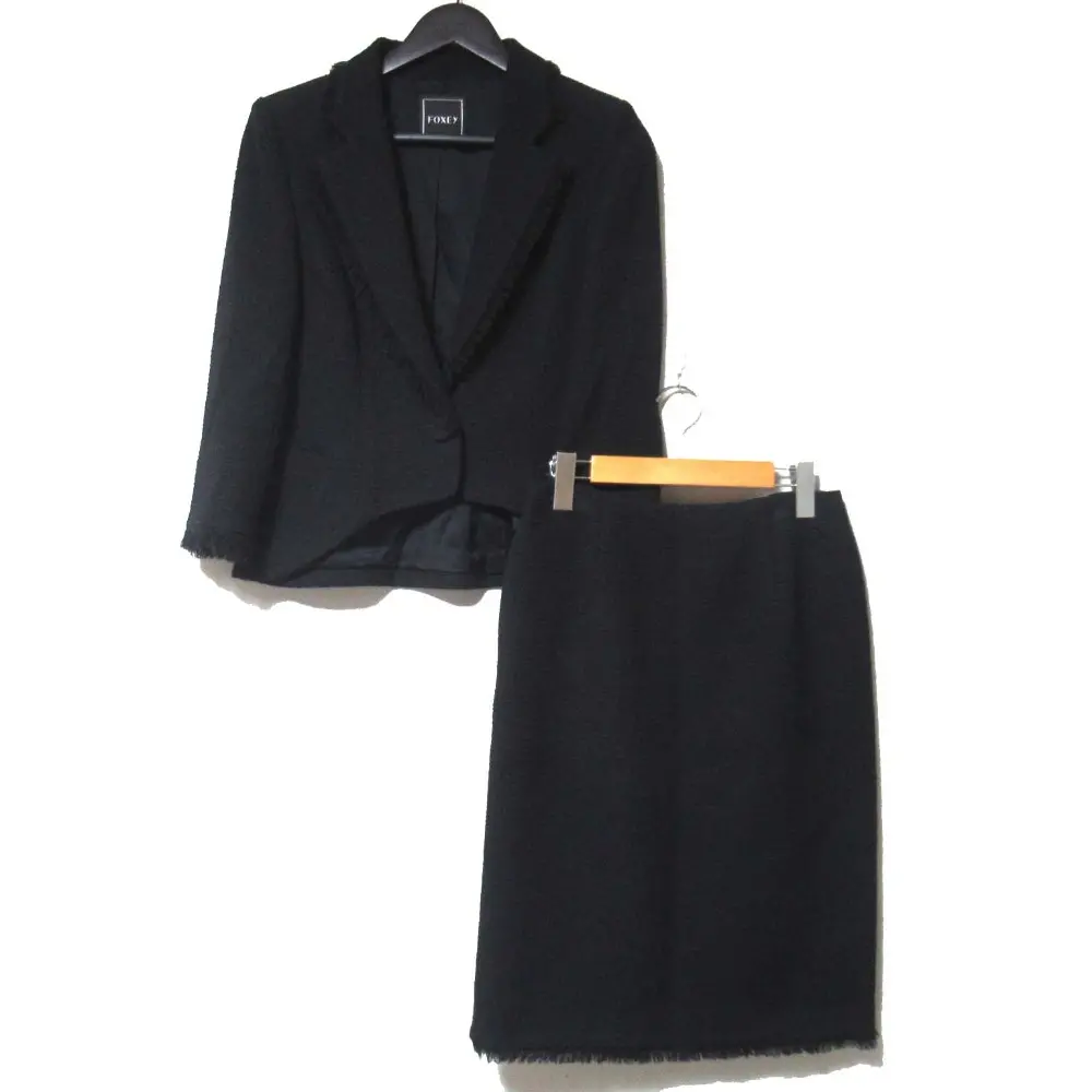 FOXEY フォクシー フリンジ ツイード テーラードジャケット+ひざ丈 スカート セットアップ サイズ40 ブラック