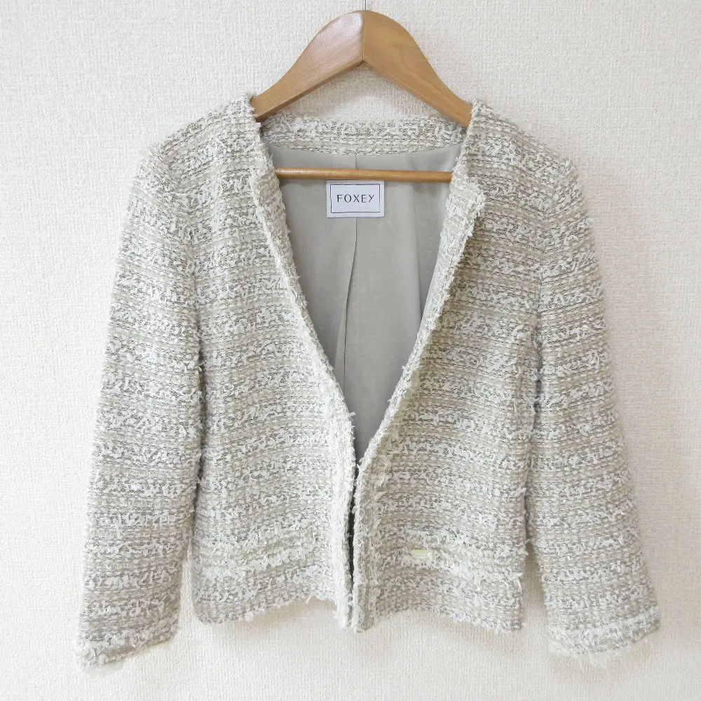 FOXEY フォクシー Bouleneige 七分袖 ノーカラー ツイードジャケット 33772 38 ベージュ