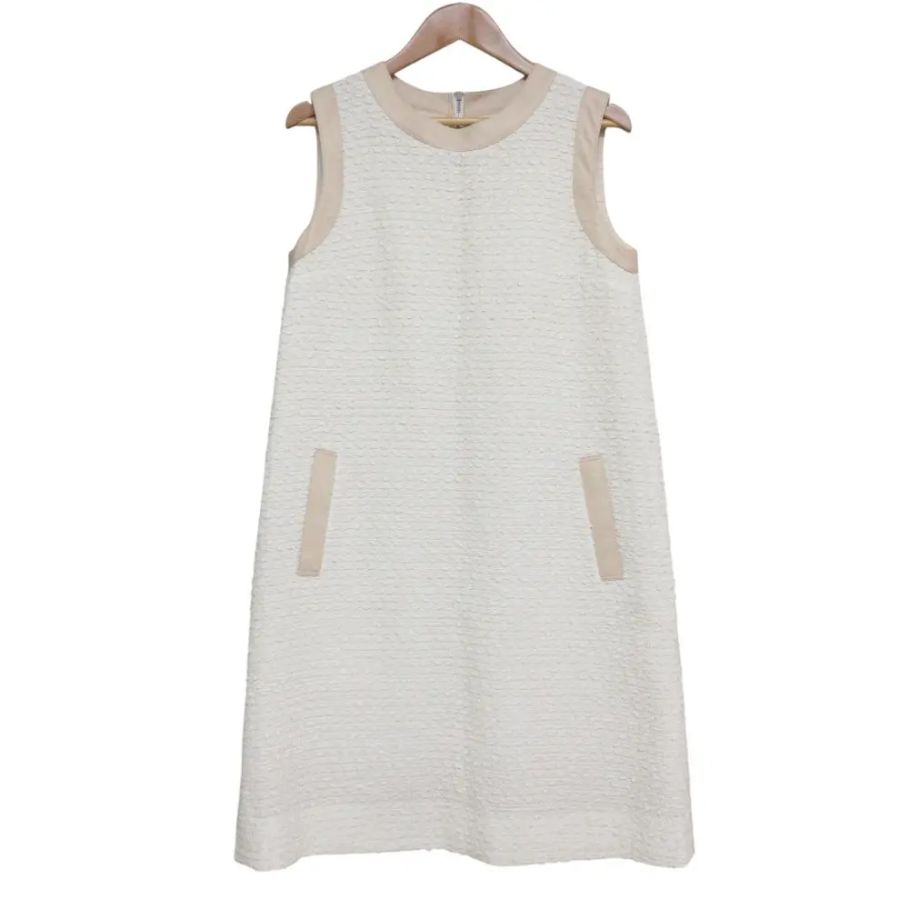 FOXEY フォクシー Coquille Dress フェイクレザーパイピング ノースリーブワンピース 35607 サイズ42 オフホワイト