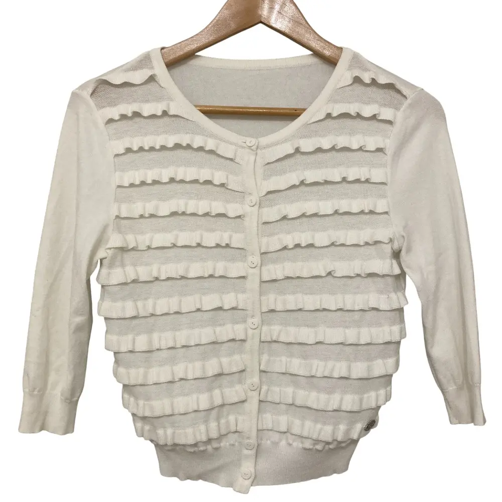 FOXEY フォクシー 七分袖 クルーネック ショート丈 フリルカーディガン ボレロ 35719 38 ホワイト