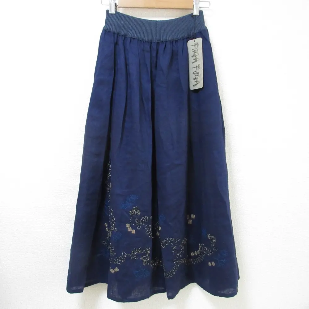 FUGAFUGA フーガフーガ 佐藤繊維 リネン100％ 刺繍 マキシ丈 イージーフレアスカート 38 ネイビー