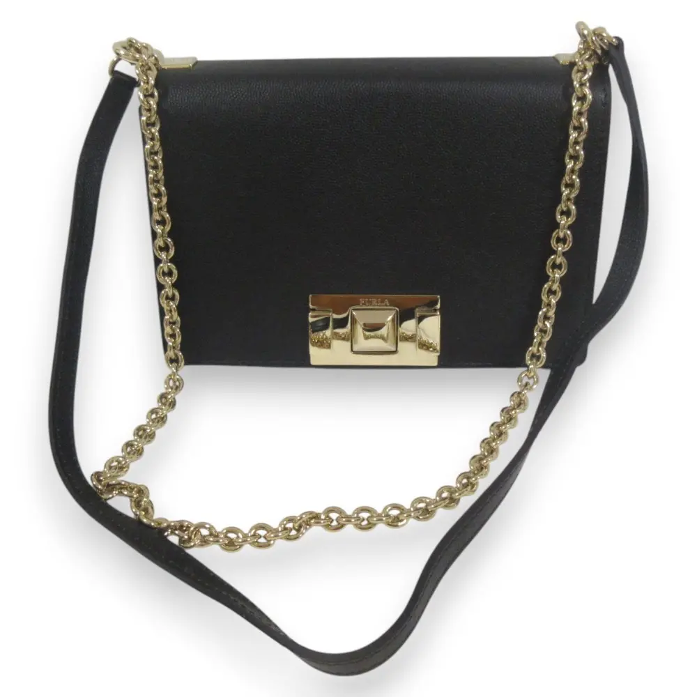 FURLA フルラ ミミ レザー ミニクロスボディ チェーンショルダーバッグ ブラック×ゴールド金具