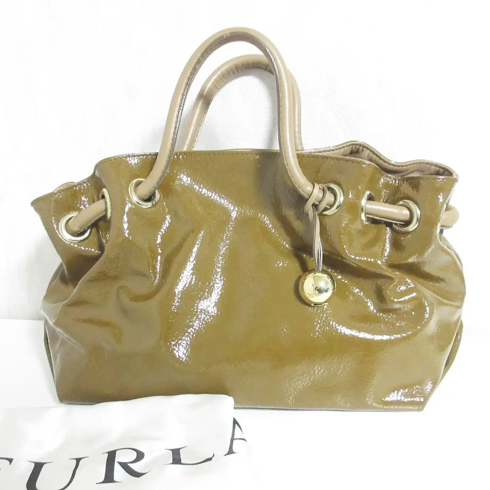 FURLA フルラ エナメル レザー ハンドバッグ ブラウン系