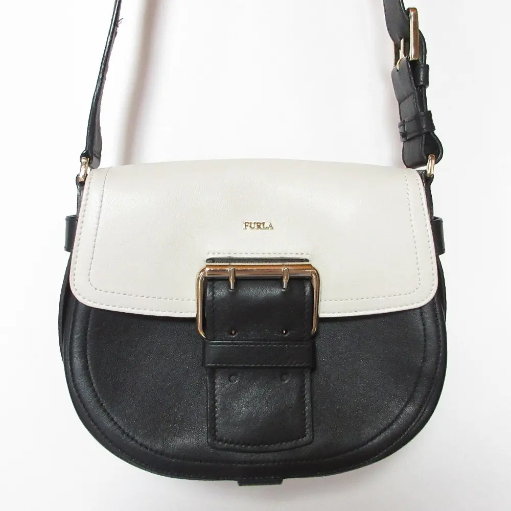 FURLA フルラ HASHTAG ハッシュタグ クロスボディ 配色 レザー ショルダーバッグ ブラック×ホワイト