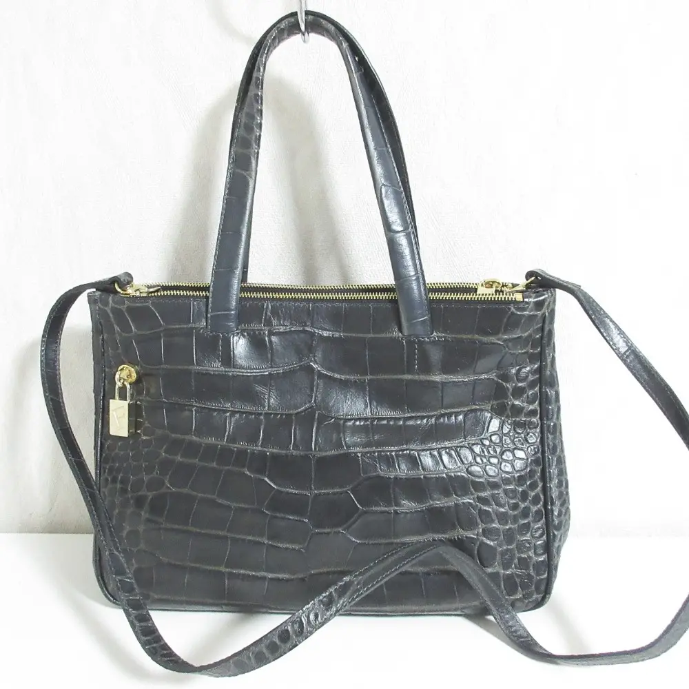 FURLA フルラ クロコ型押し レザー 2way ハンドバッグ トートバッグ ショルダーバッグ ブラック